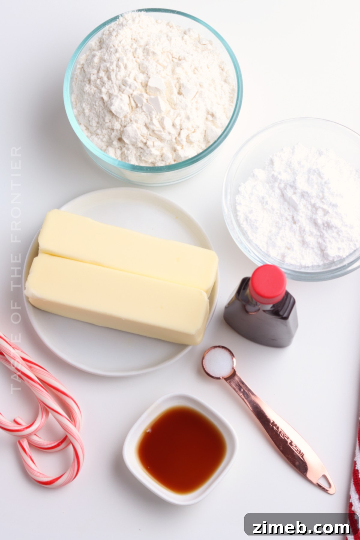 Winter Mint Snowball Delights 4 Ingredients laid out for Peppermint Snowball Cookies