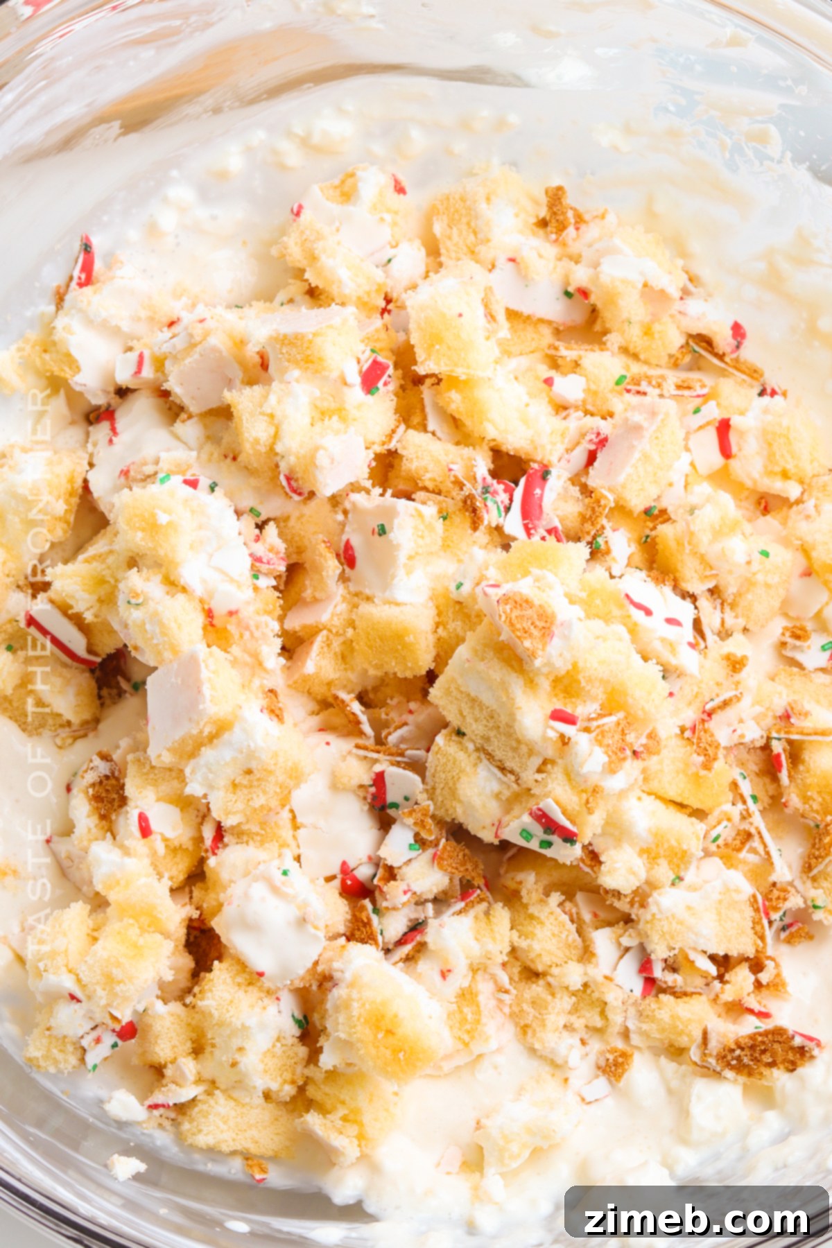 Magical Little Debbie Christmas Tree Dip 8 Chopped cake pieces mixed into the creamy dip, ready to be served.