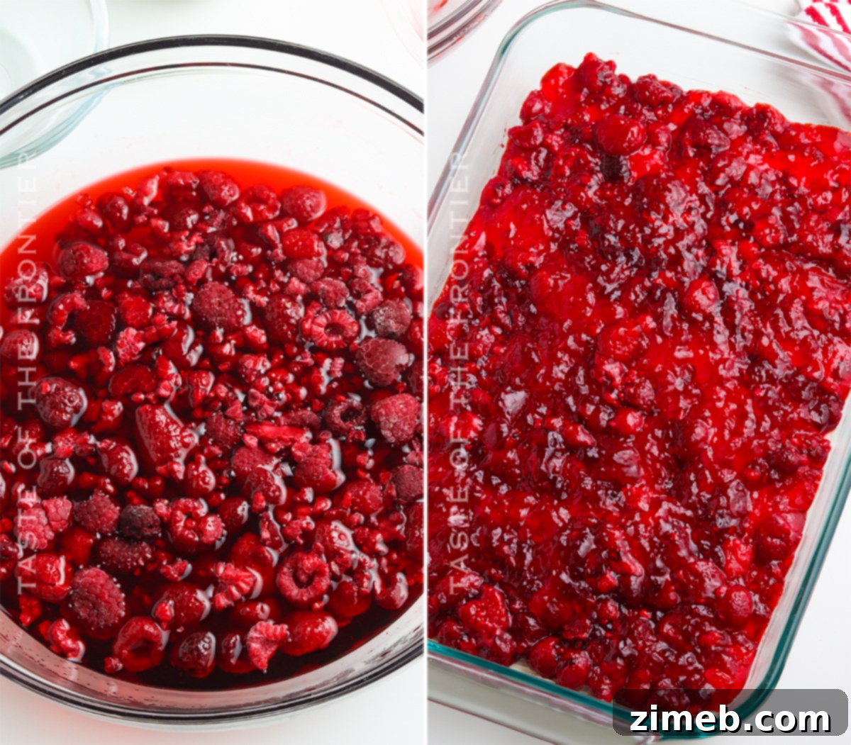 Salty Sweet Raspberry Dream 8 Raspberry jello layer setting beautifully on top of cream cheese and pretzel crust.