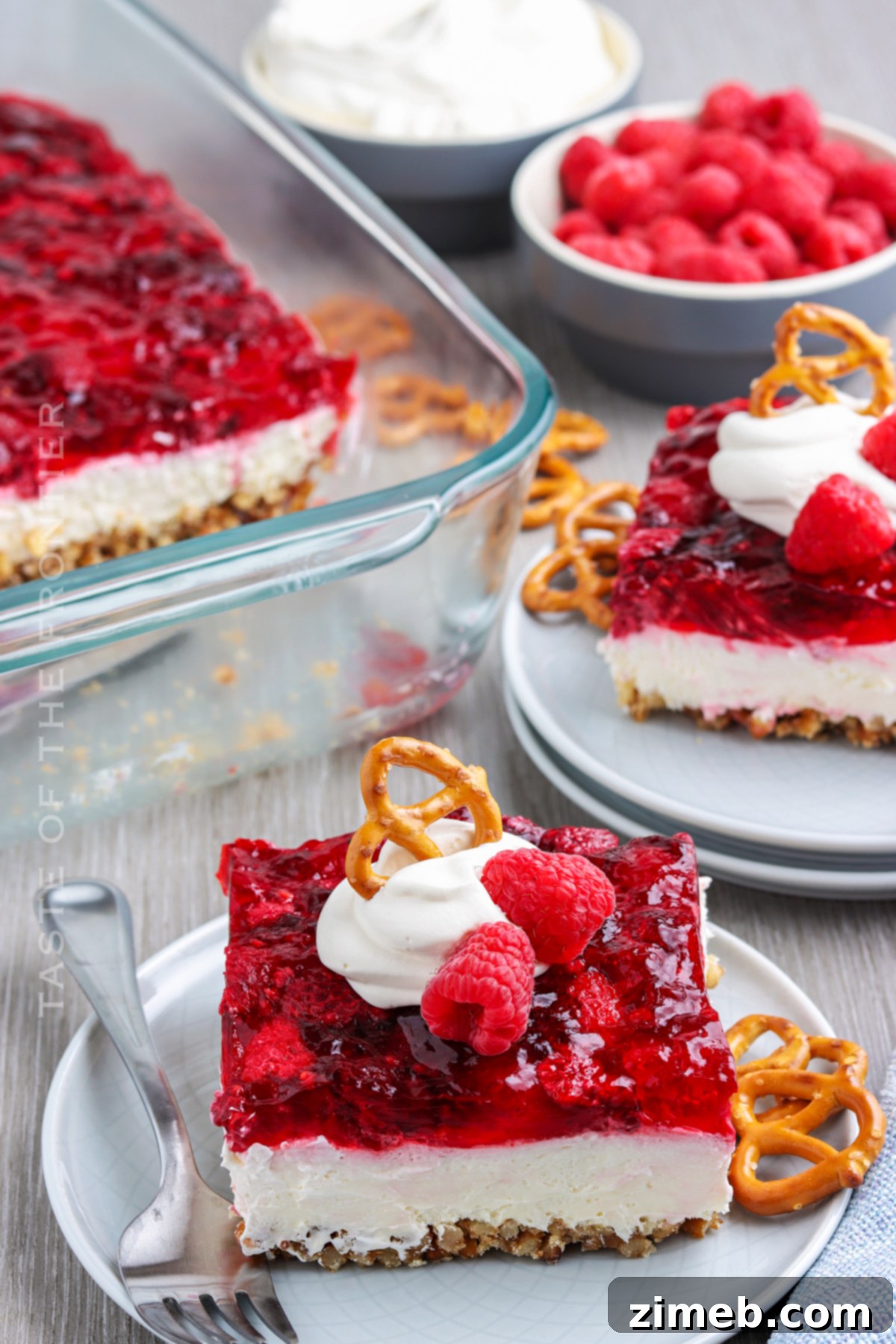 Salty Sweet Raspberry Dream 10 Full Raspberry Pretzel Dessert ready to serve - vibrant and delicious.