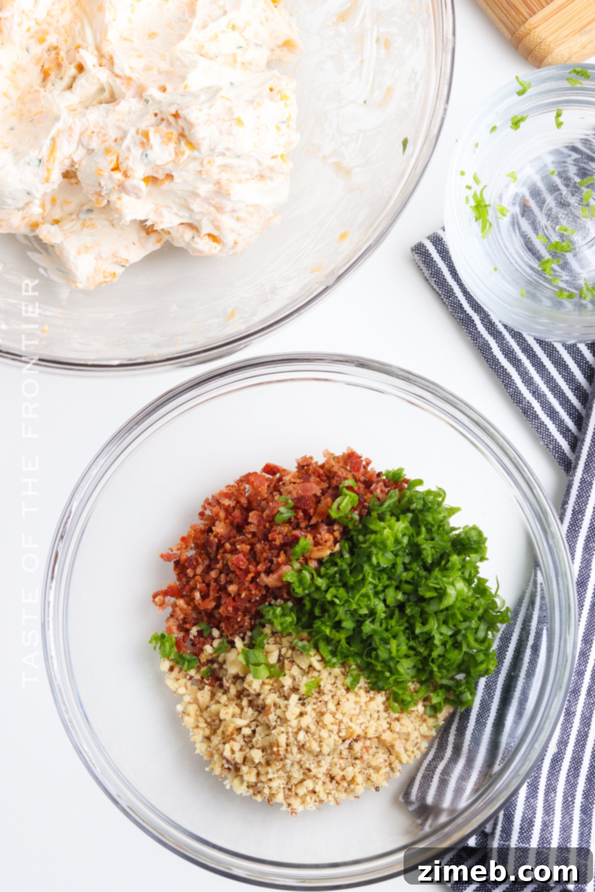Preparing the savory coating mixture for a homemade cheese ball