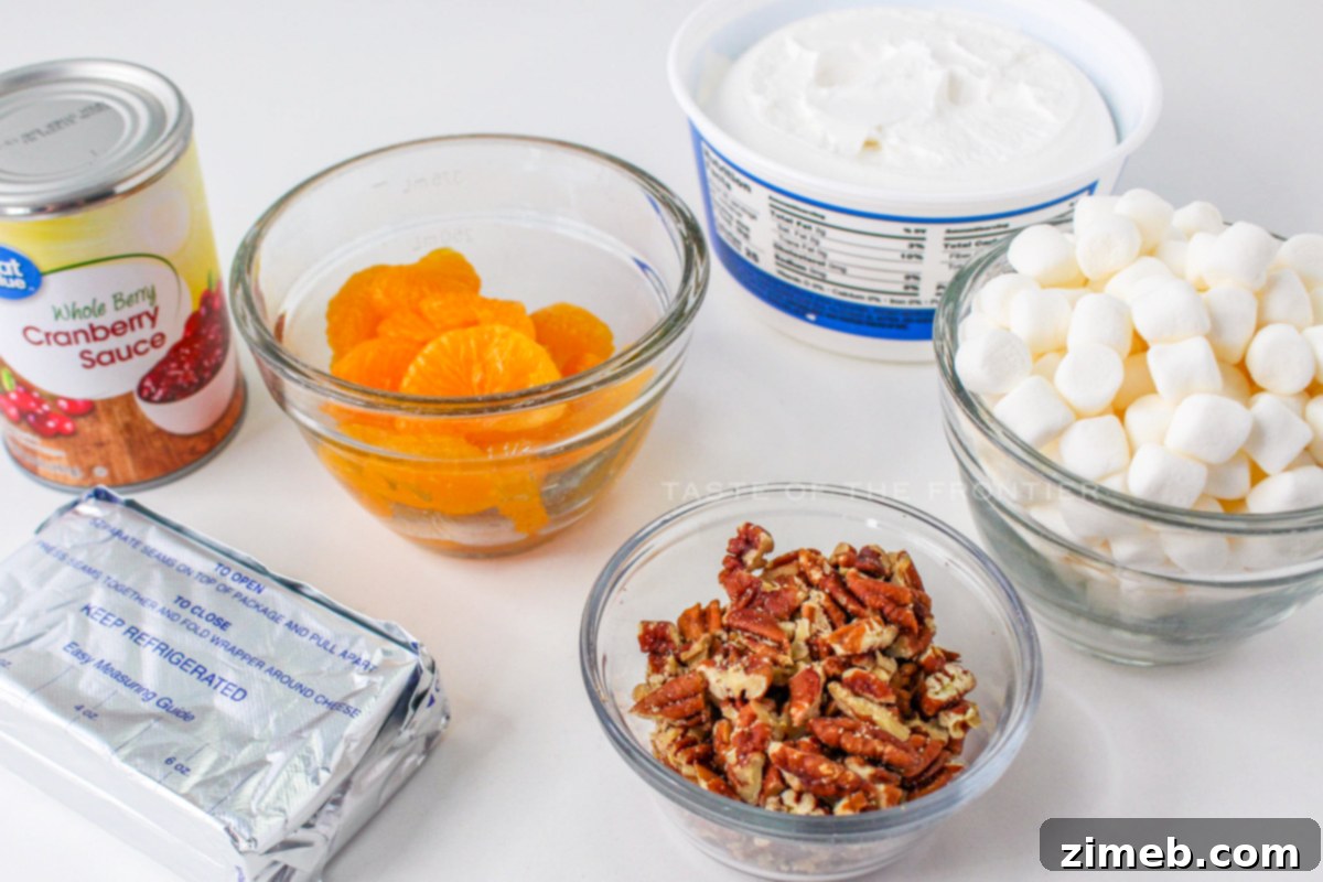 Bright and Flavorful Cranberry Salad 4 Ingredients for making creamy cranberry salad, including cream cheese, cranberries, oranges, marshmallows, and pecans.