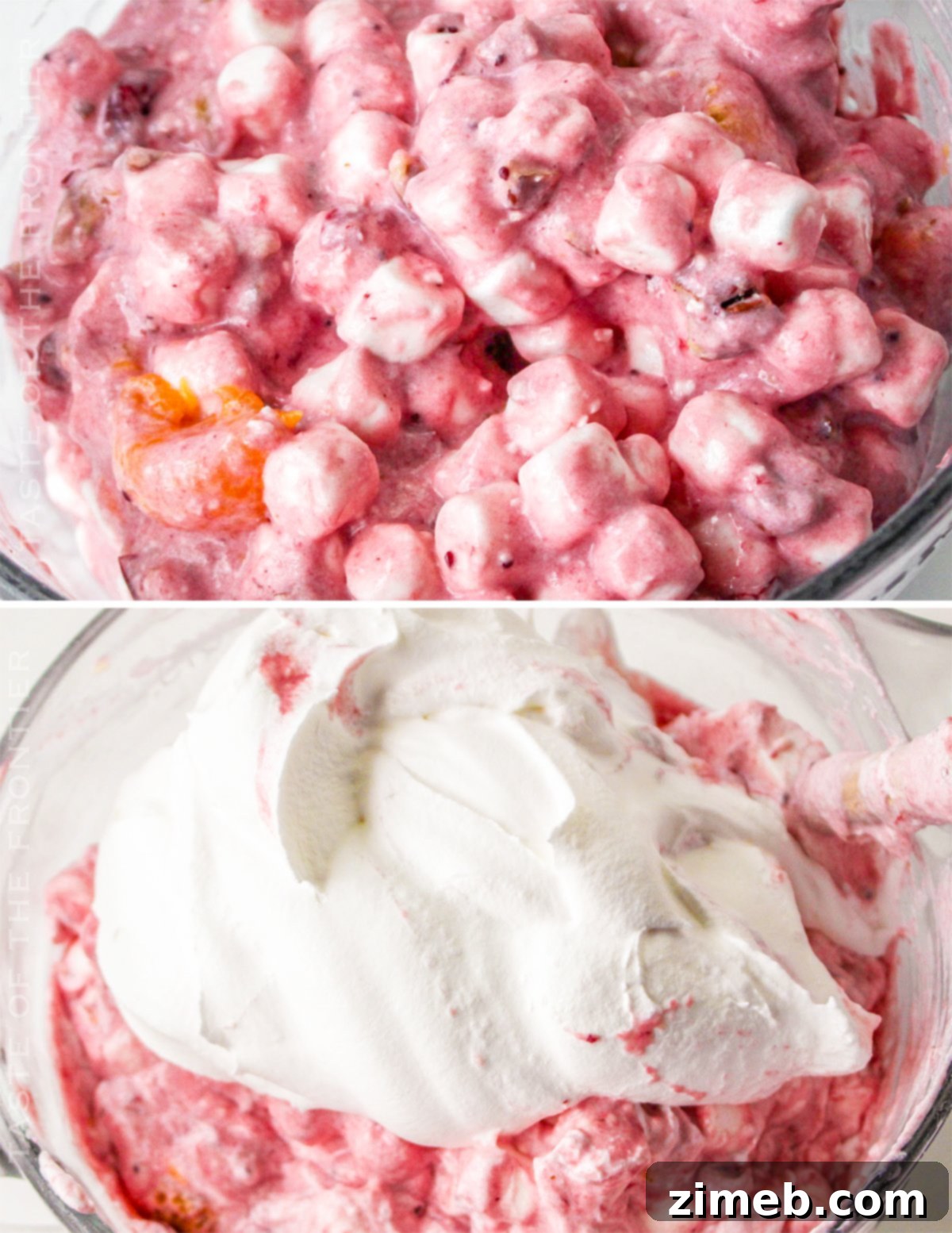 Bright and Flavorful Cranberry Salad 7 Close-up of mixing marshmallows into cranberry fluff, showing the preparation process.