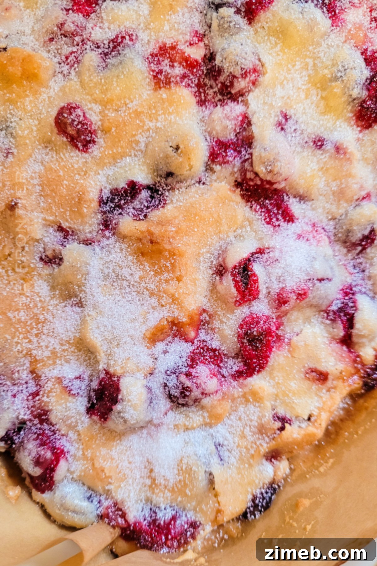 A close-up of a slice of moist Cranberry Cake with a perfectly golden crust.