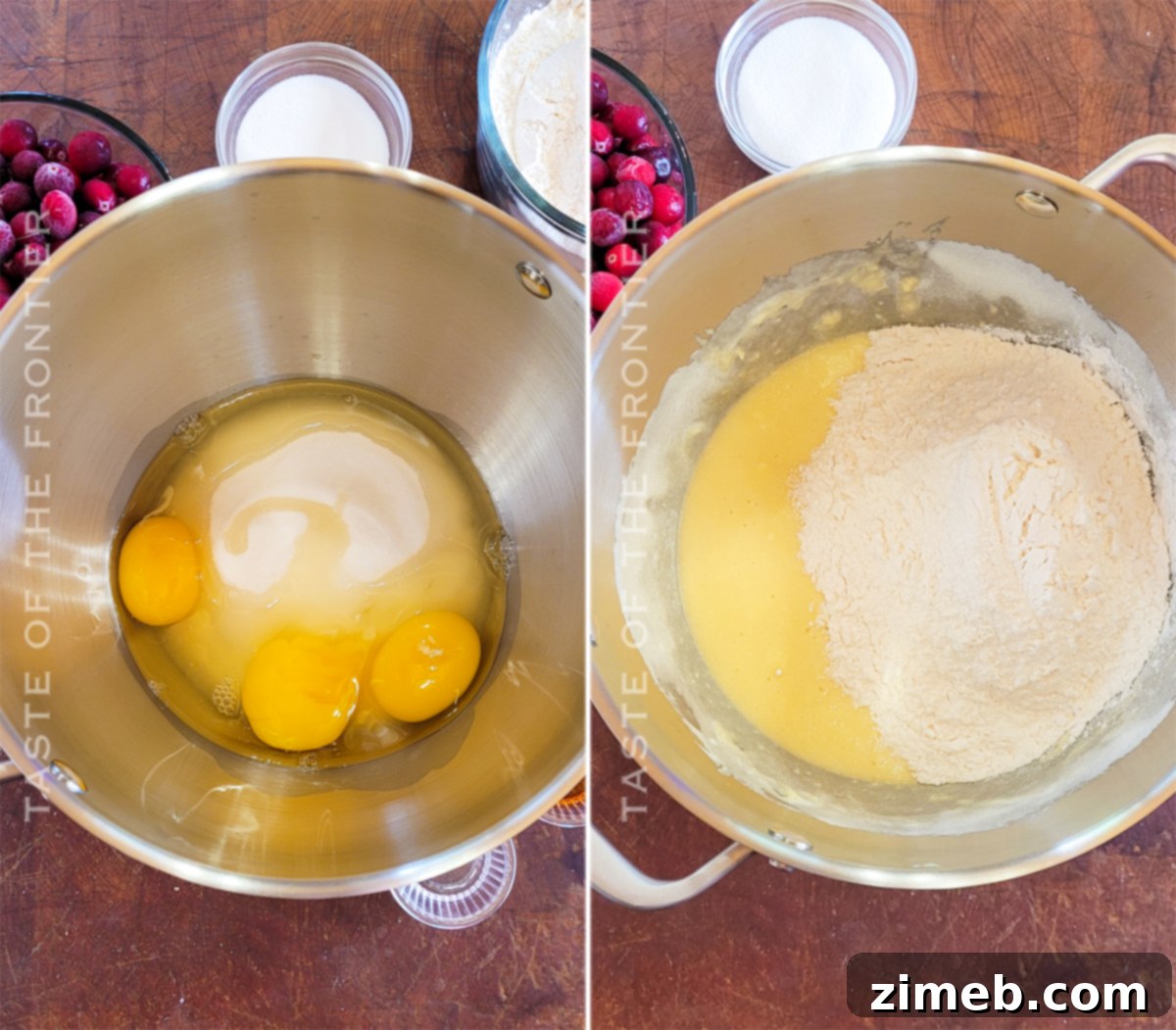 Step-by-step imagery showing the process of mixing ingredients for Cranberry Cake.