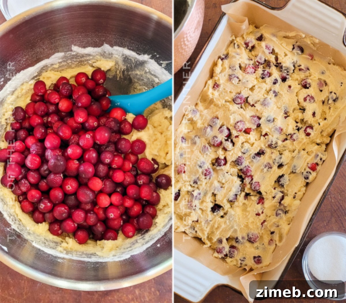 A beautiful shot of the cake batter with cranberries being mixed in, ready for baking.