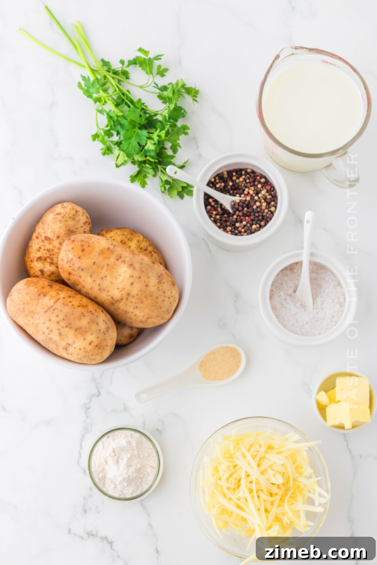 Creamy Cheesy Potato Layers 4 Key ingredients for making homemade Potatoes Au Gratin.