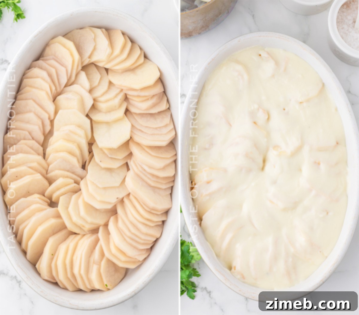 Creamy Cheesy Potato Layers 10 Potatoes Au Gratin, ready to bake in a casserole dish.
