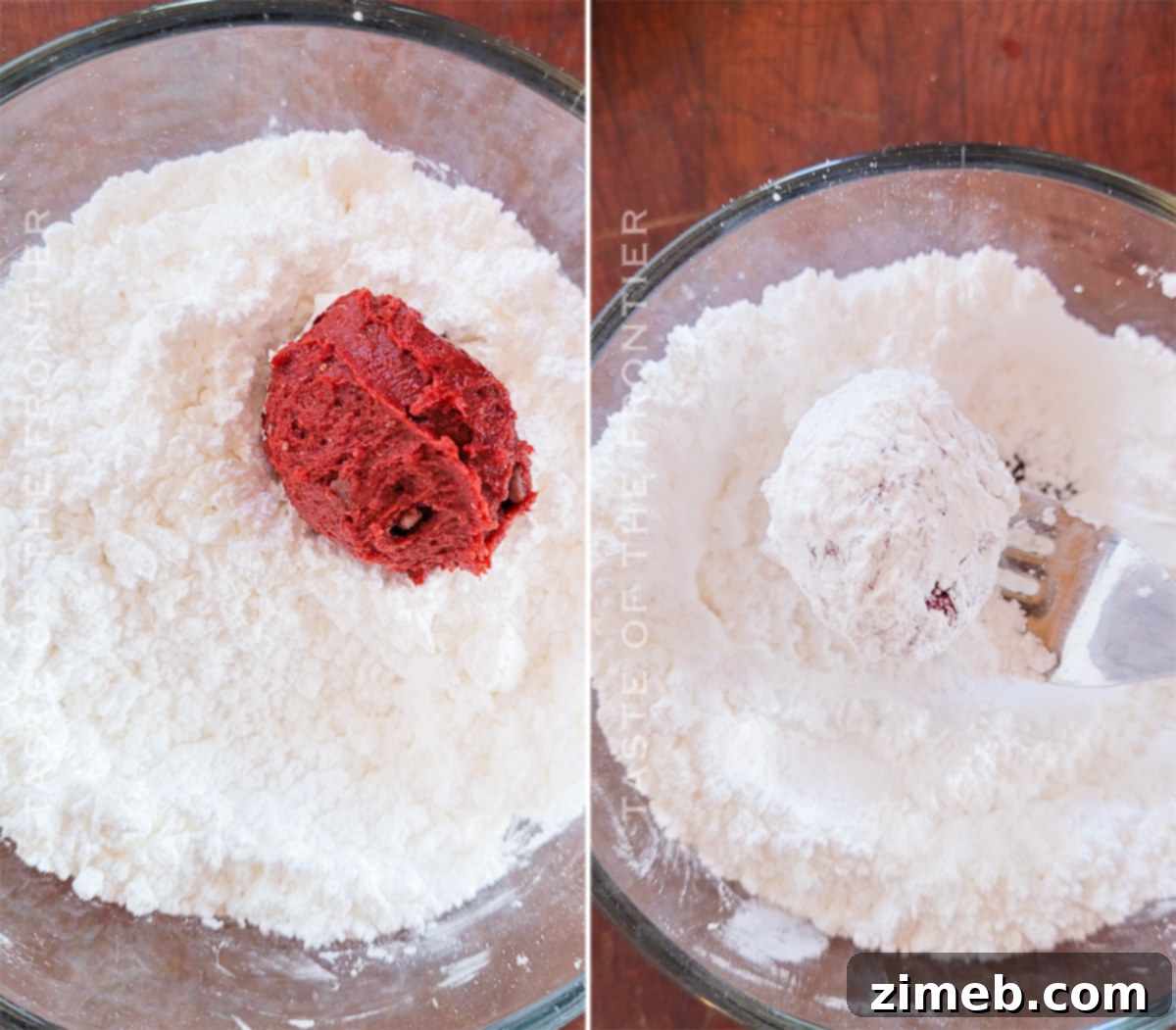 Quick-Mix Red Velvet Crinkle Cookies 7 Close-up of red velvet cookie dough being rolled in powdered sugar