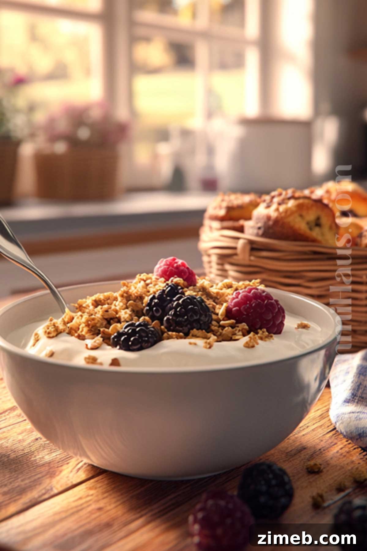 Morning meal with granola and berries and homemade yogurt