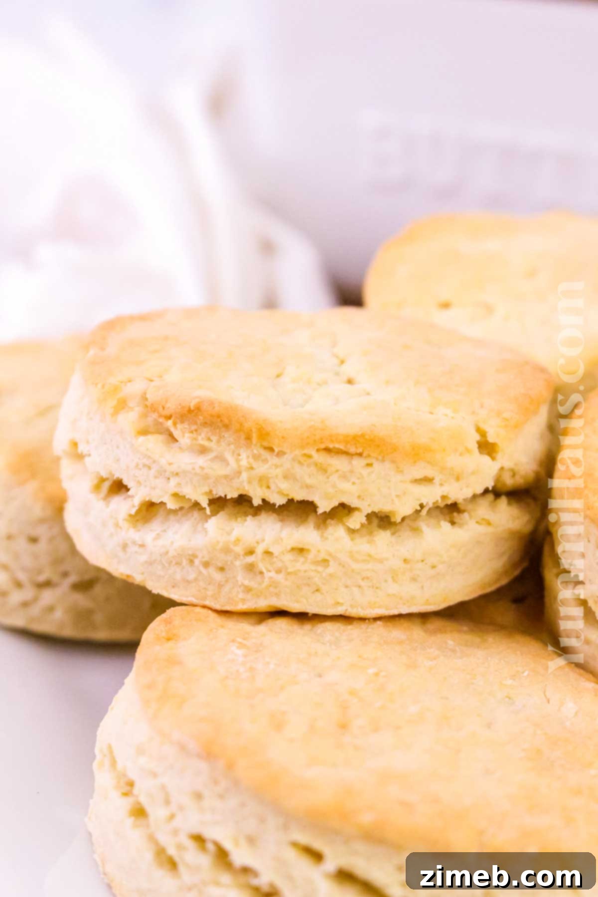 Minimalist Biscuits 3 Close-up of golden 2-ingredient biscuits stacked on a plate, highlighting their fluffy texture.