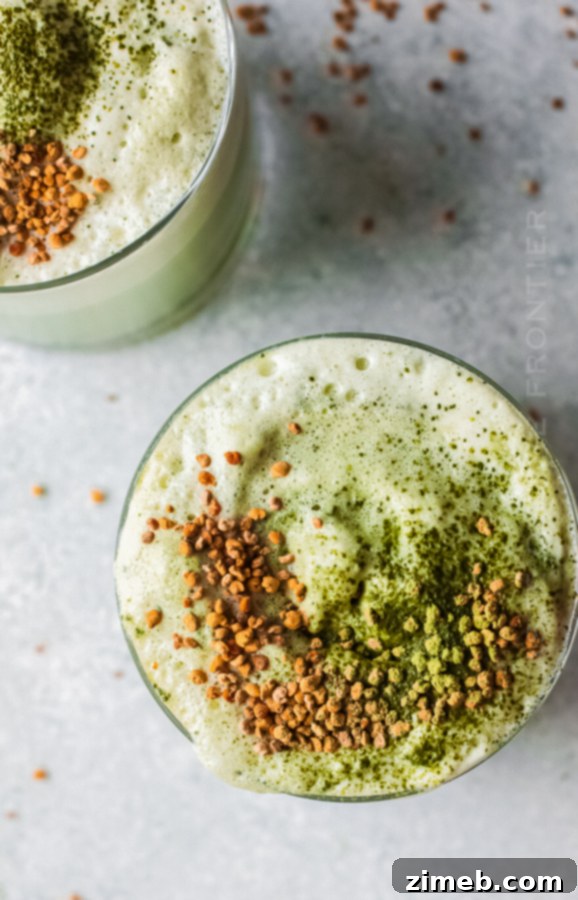 Matcha Refresher 18 Matcha green tea shake in a glass on a breakfast table