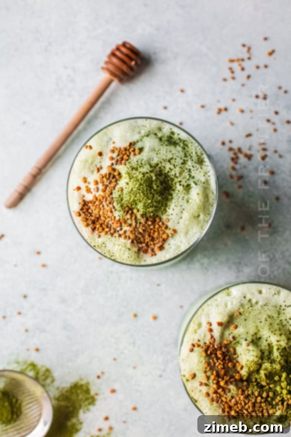 Matcha Refresher 3 Matcha Shake garnished with honey drizzle in a glass