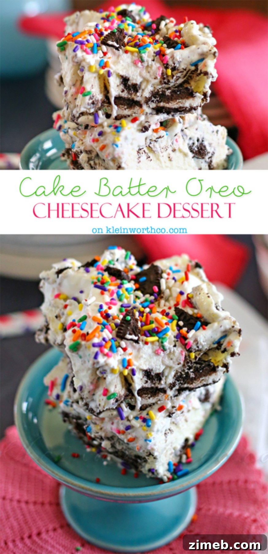 Decadent Cake Batter Oreo Cheesecake Dessert with sprinkles on top