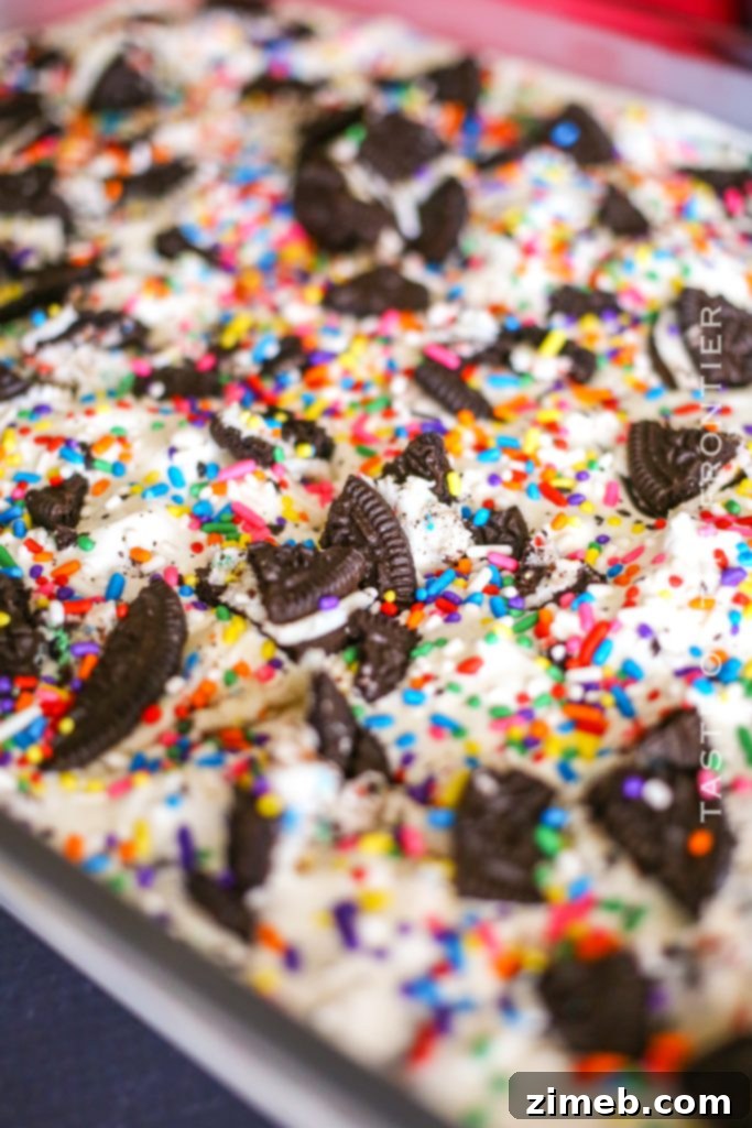 A close-up shot of the creamy no-bake cheesecake dessert