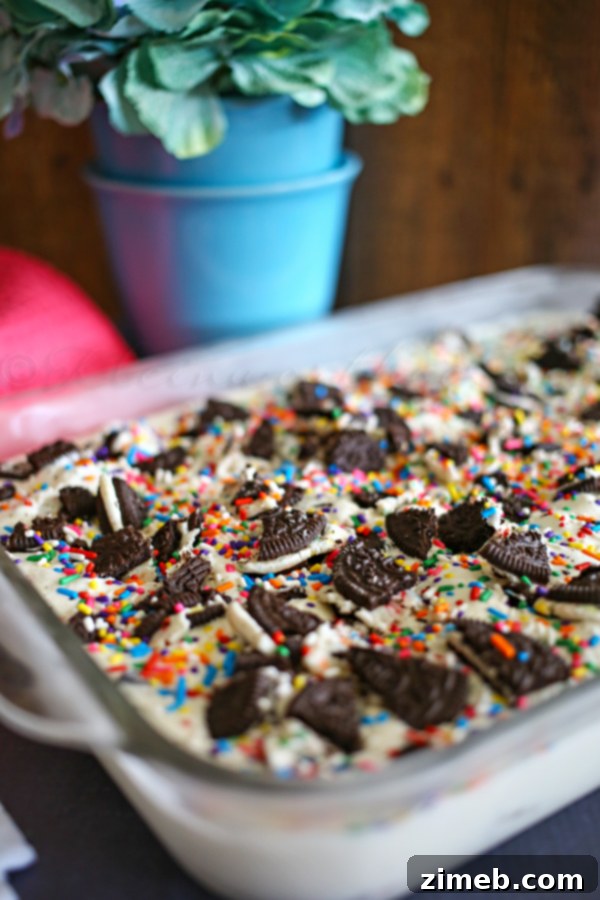 Close-up of Cake Batter Oreo Cheesecake Dessert showing creamy texture and cookie pieces