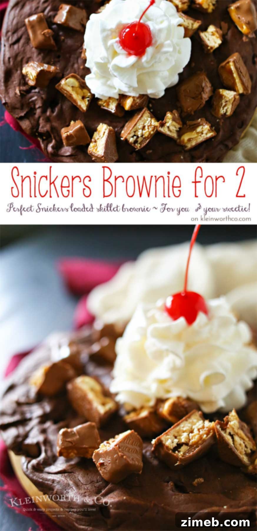 Close-up of a Snickers Brownie for Two, featuring a thin brownie layer with melted Snickers chunks, topped with whipped cream and a cherry, perfect for a romantic dessert.
