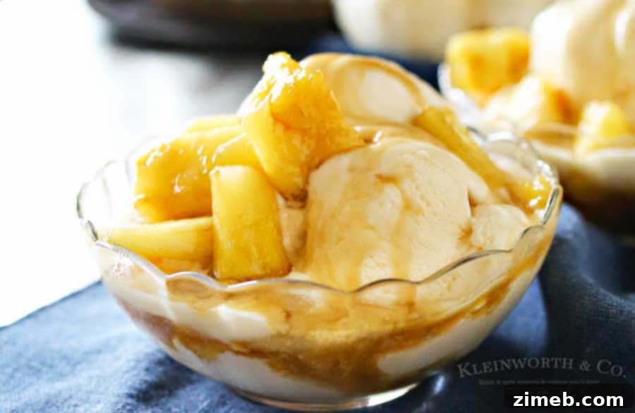Brown Sugar Pineapple Bliss 2 Overhead shot of a Brown Sugar Pineapple Sundae in a bowl, showing the warm pineapple glaze melting into the vanilla ice cream.