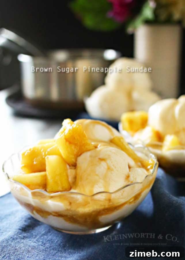Brown Sugar Pineapple Bliss 3 Close-up of a serving of Brown Sugar Pineapple Sundae in an elegant glass bowl, showing the rich glaze and pineapple chunks.
