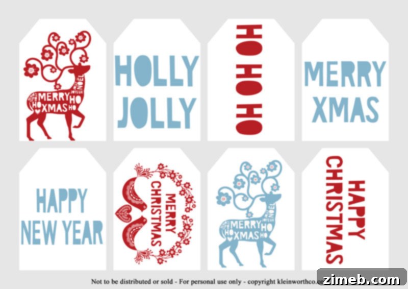 Free Printable Christmas Gift Tags 22 Red and Blue Scandinavian Text Gift Tags with festive phrases