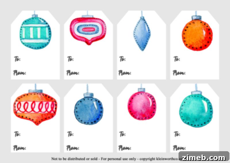 Free Printable Christmas Gift Tags 32 Artistic Watercolor Ornaments Gift Tags for festive presents