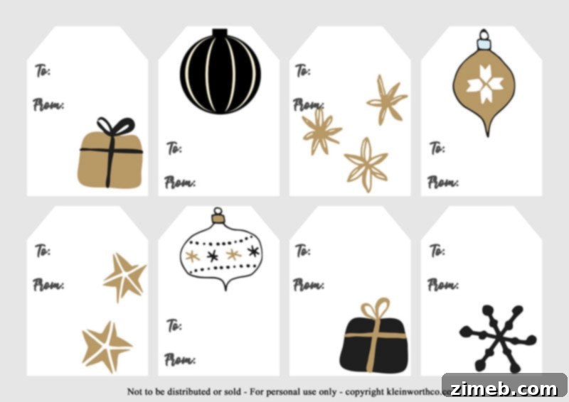 Free Printable Christmas Gift Tags 4 Elegant Black and Gold Hand Drawn Christmas Tags for upscale gifts