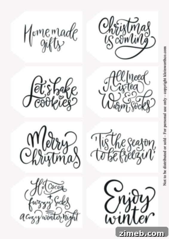Free Printable Christmas Gift Tags 7 Elegant hand lettered winter phrases on Christmas tags