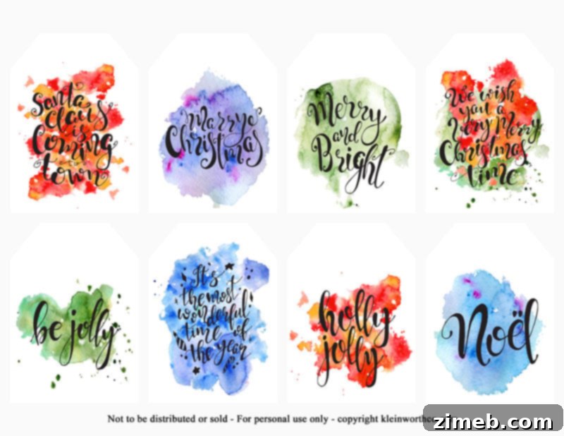 Free Printable Christmas Gift Tags 8 Vibrant hand lettered watercolor splash Christmas tags
