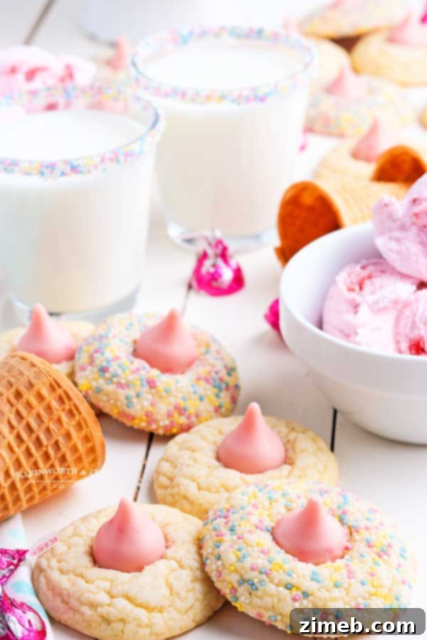 Close-up of a Strawberry Birthday Cookie with colorful pastel sprinkles and a pink Hershey's kiss