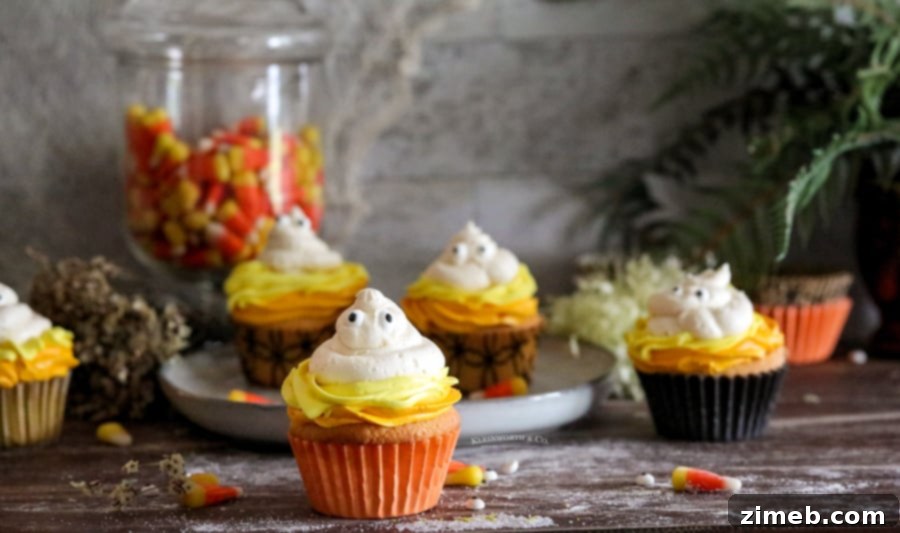 Spooky Ghost Cupcakes 13 Cute cupcakes for a kids Halloween party, decorated as ghosts.