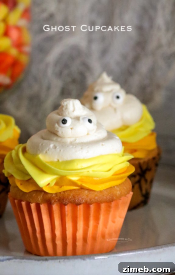 Spooky Ghost Cupcakes 27 Beautifully decorated Ghost Cupcakes for a festive Halloween party.