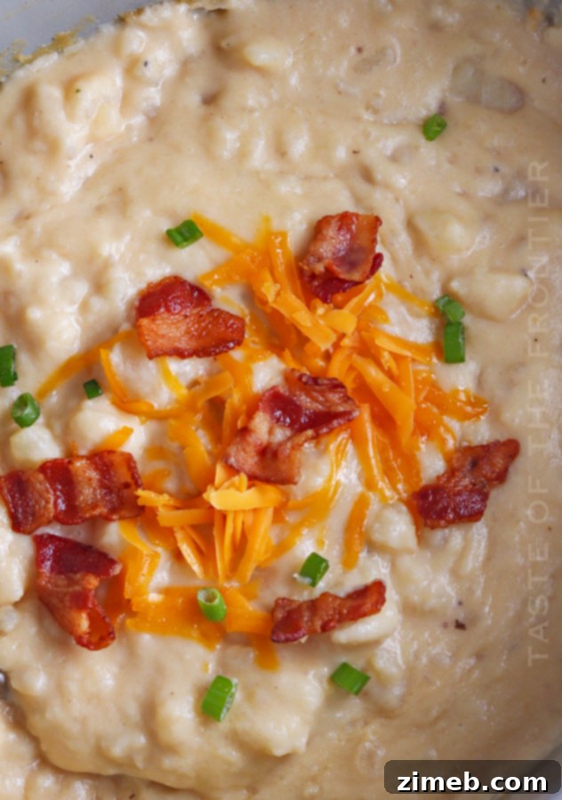 Potato soup in the crockpot, close up, with melting cheese and herbs