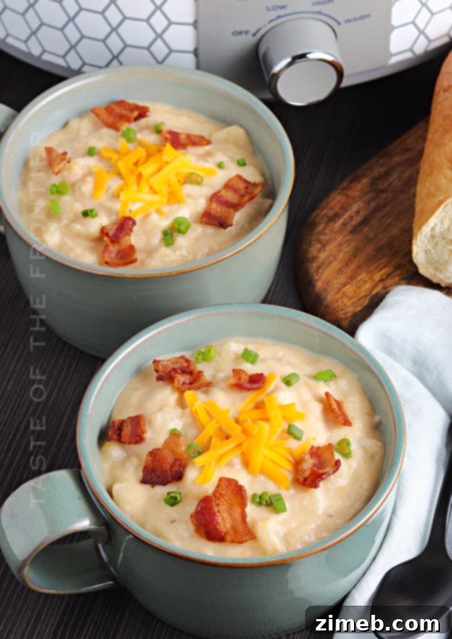 Hearty potato soup dinner in a crockpot, ready to serve