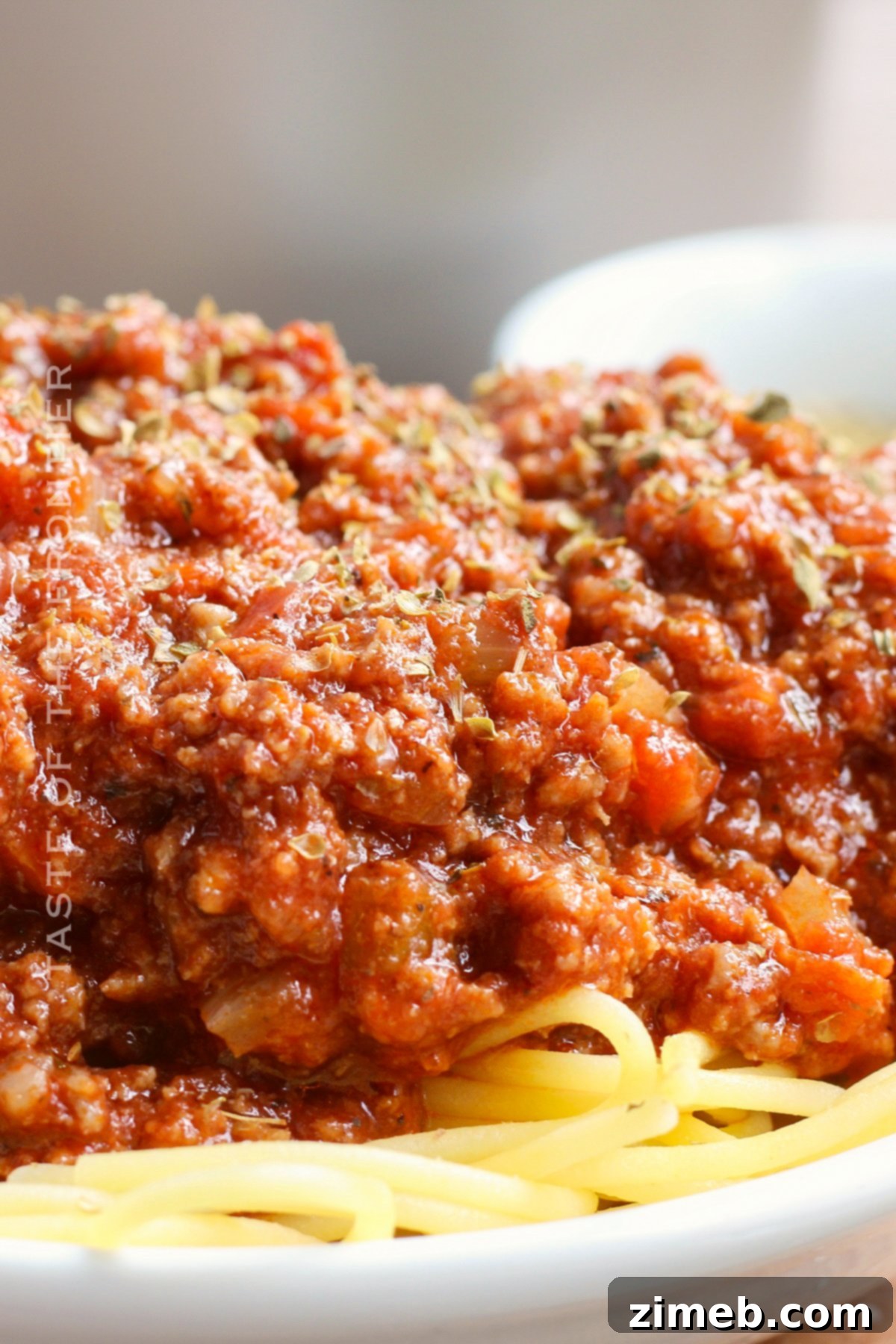 Effortless Weeknight Bolognese 3 Spaghetti with rich meat sauce, showcasing the texture and color of homemade Bolognese.
